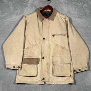 Eddie Bauer Coat Mens XL Beige Canvas Field Barn Jacket Corduroy Collar *FLAWS